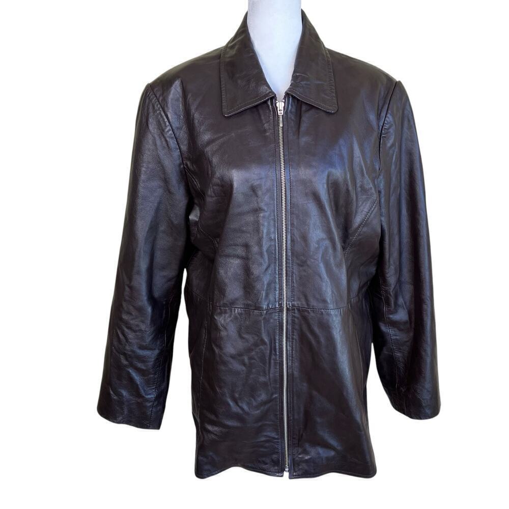 Style&Co Chocolate Brown Zip-up Leather Jacket Collared Hip Length Pockets Sz L